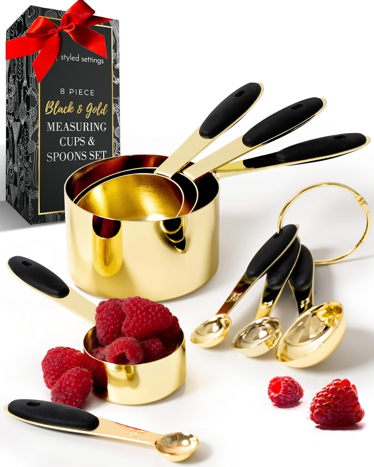 Black and Gold 8PC Stainless Steel Measuring Spoons and Cups Set for Precise Baking & Cooking 