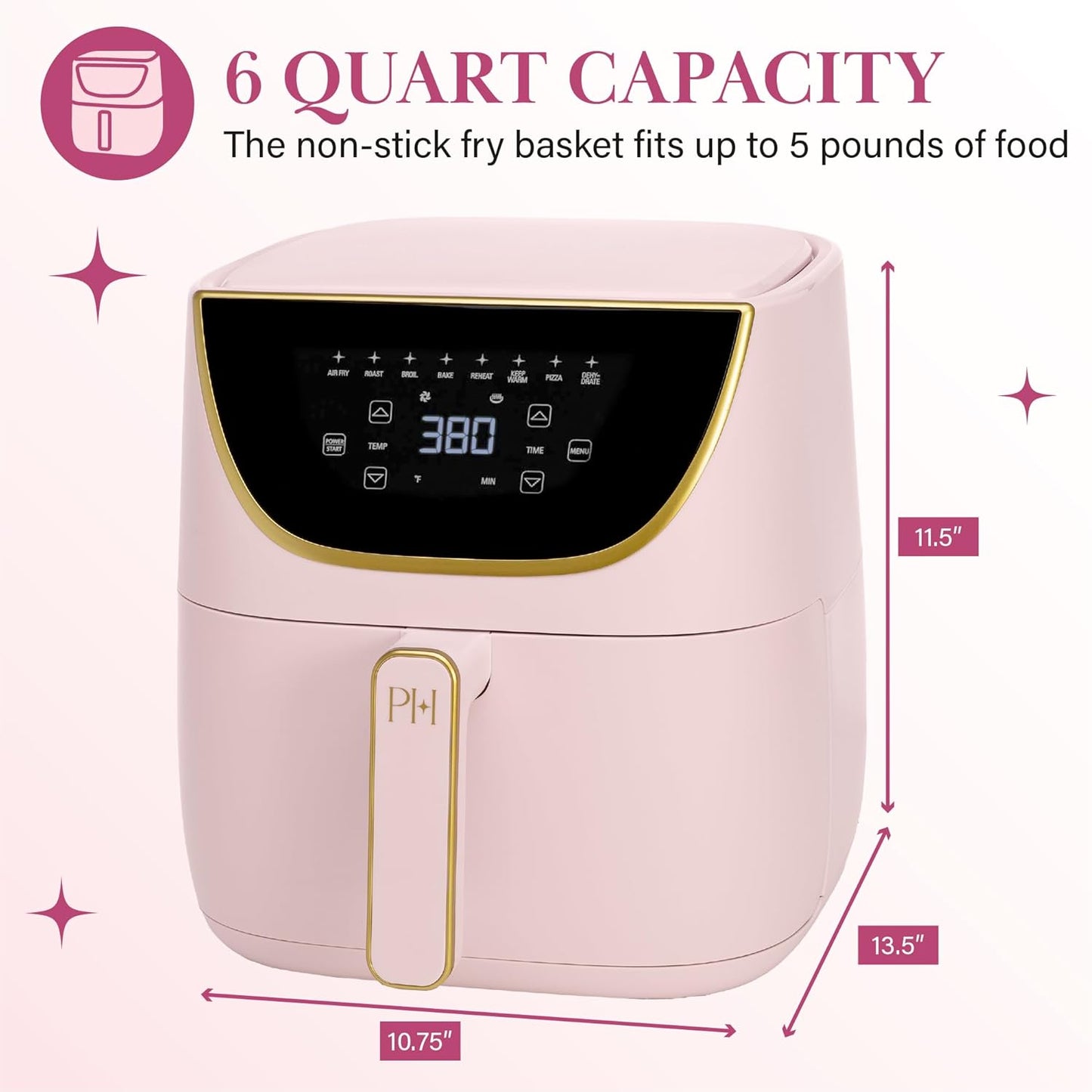 Air Fryer, Large 6-Quart Capacity, Nonstick Made without PFAS, Touchscreen Display, 8-In-1 (Air Fry, Roast, Broil, Bake, Reheat, Keep Warm, Pizza, Dehydrate), Dishwasher Safe, Pink