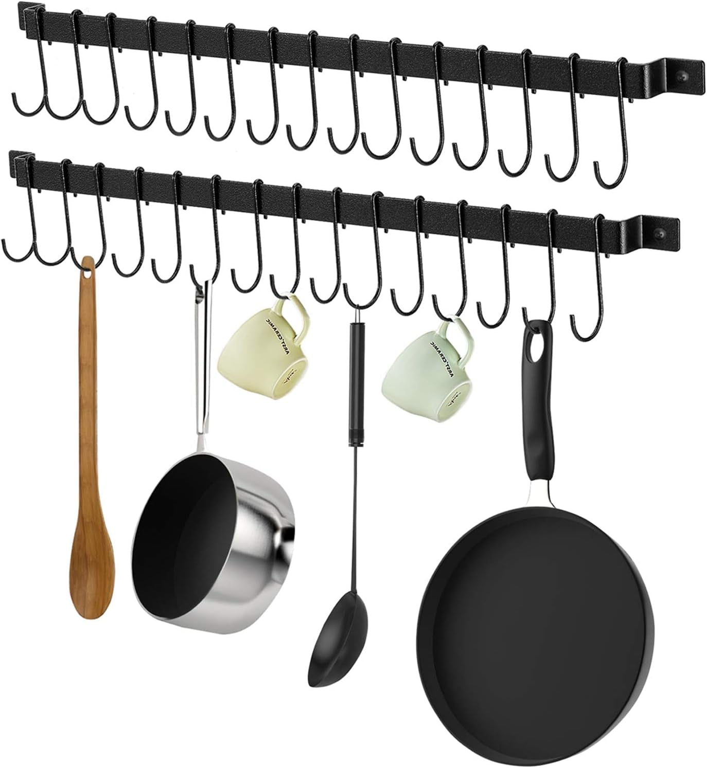 Kitchen Rail with 15 S Hooks, 2-Pack 26Inch Utensil Rack Wall Mounted Hanger for Pot Pan Lid Spatula (Black)