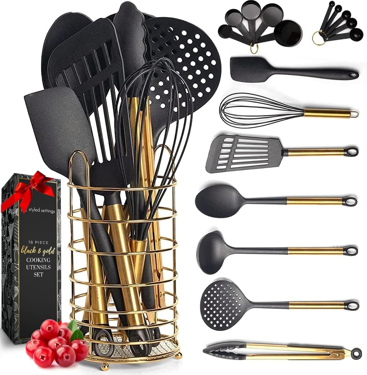 18PC Black and Copper Cooking Utensils Set Includes Black Measuring Cups & Spoons 