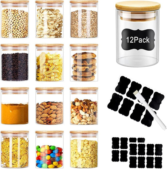 Glass Food Jars Set, 6 oz 12 Piece Spice Jars with Bamboo Lids and 24 Labels 