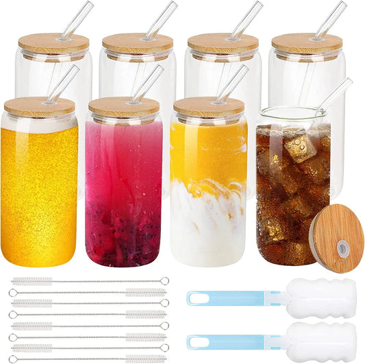 8Pcs Glass Cups with Bamboo Lids and Glass Straws, 16Oz Drinking Glasses Can Shaped Glass Cups, Beer Glasses, Iced Coffee Glasses with 2 Cleaning Brushes