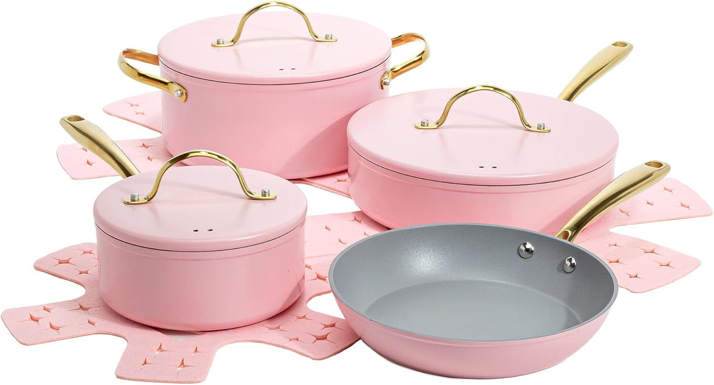 Iconic Nonstick Pots and Pans Set, Multi-Layer Nonstick Coating, Matching Lids with Gold Handles, Made without PFOA, Dishwasher Safe Cookware Set, 10-Piece, Pink